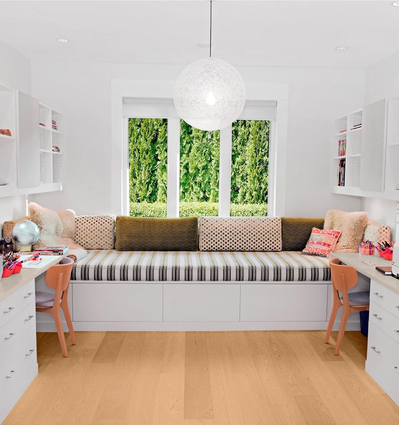 Large office workstations with four seats, desks and storage cabinets by California Closets