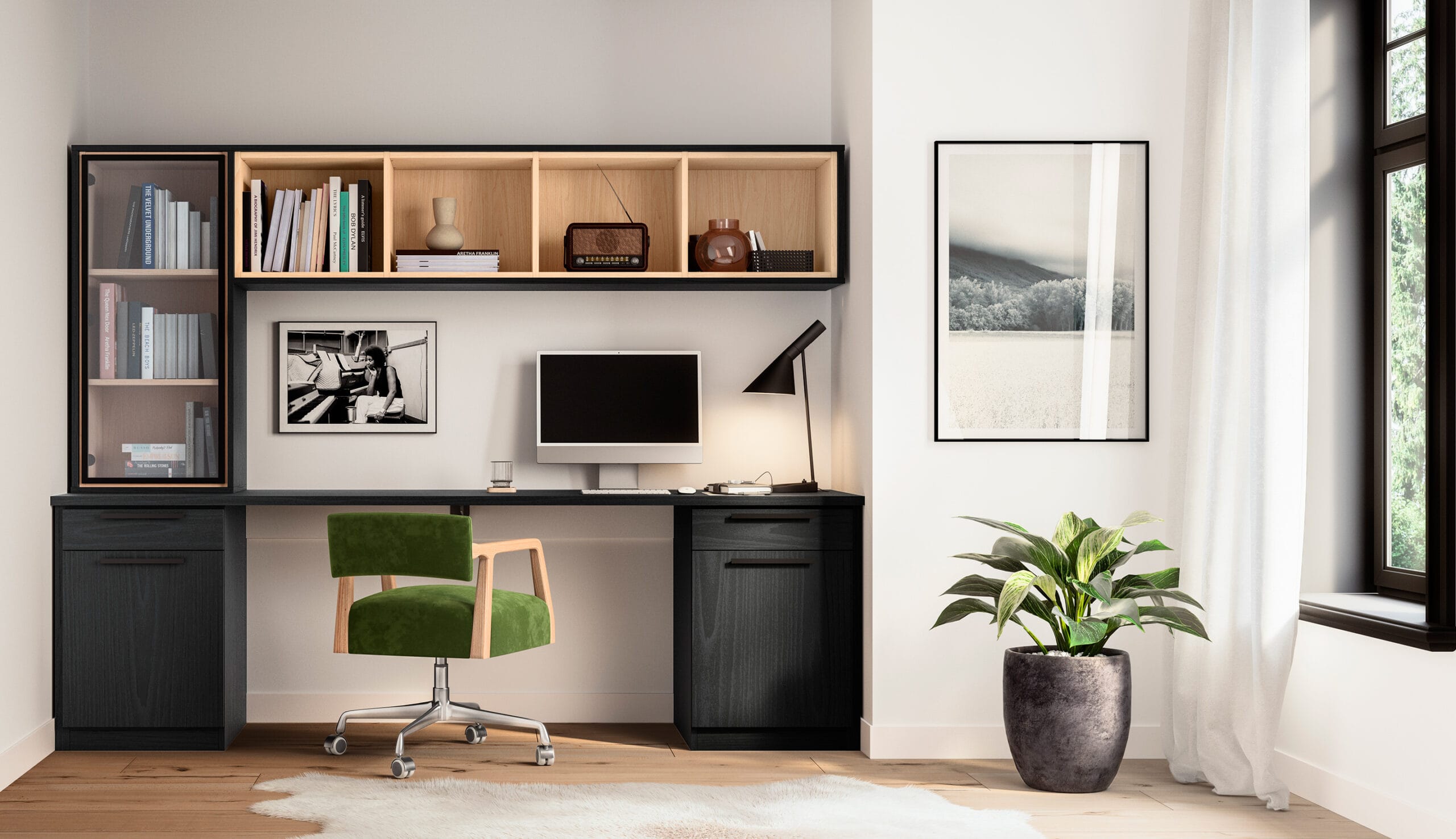 After home office renovation custom designed with built in desk, and drawers by California Closets