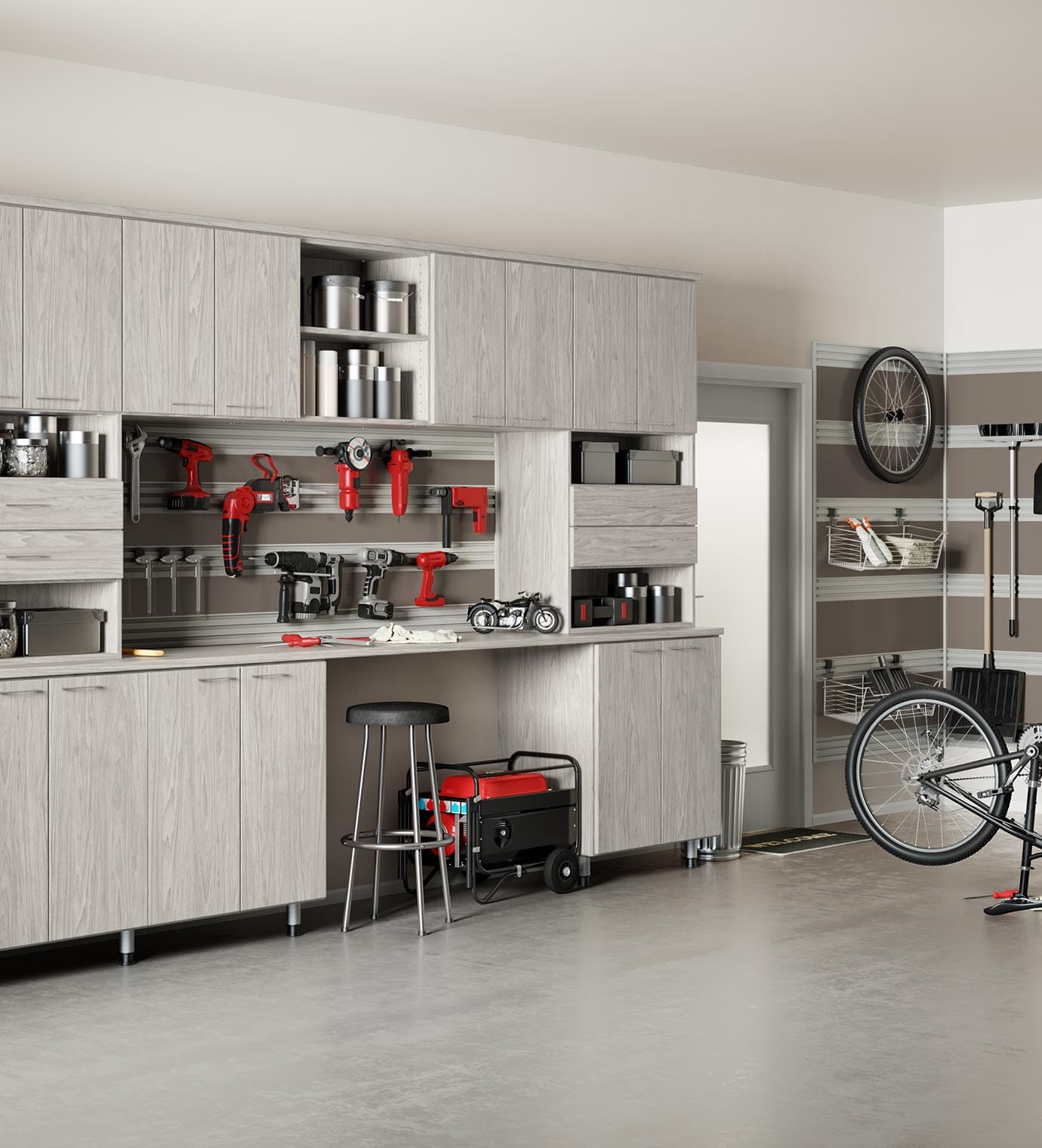 Custom garage storage cabinet storage system with fusion tracking and workbench by California Closets