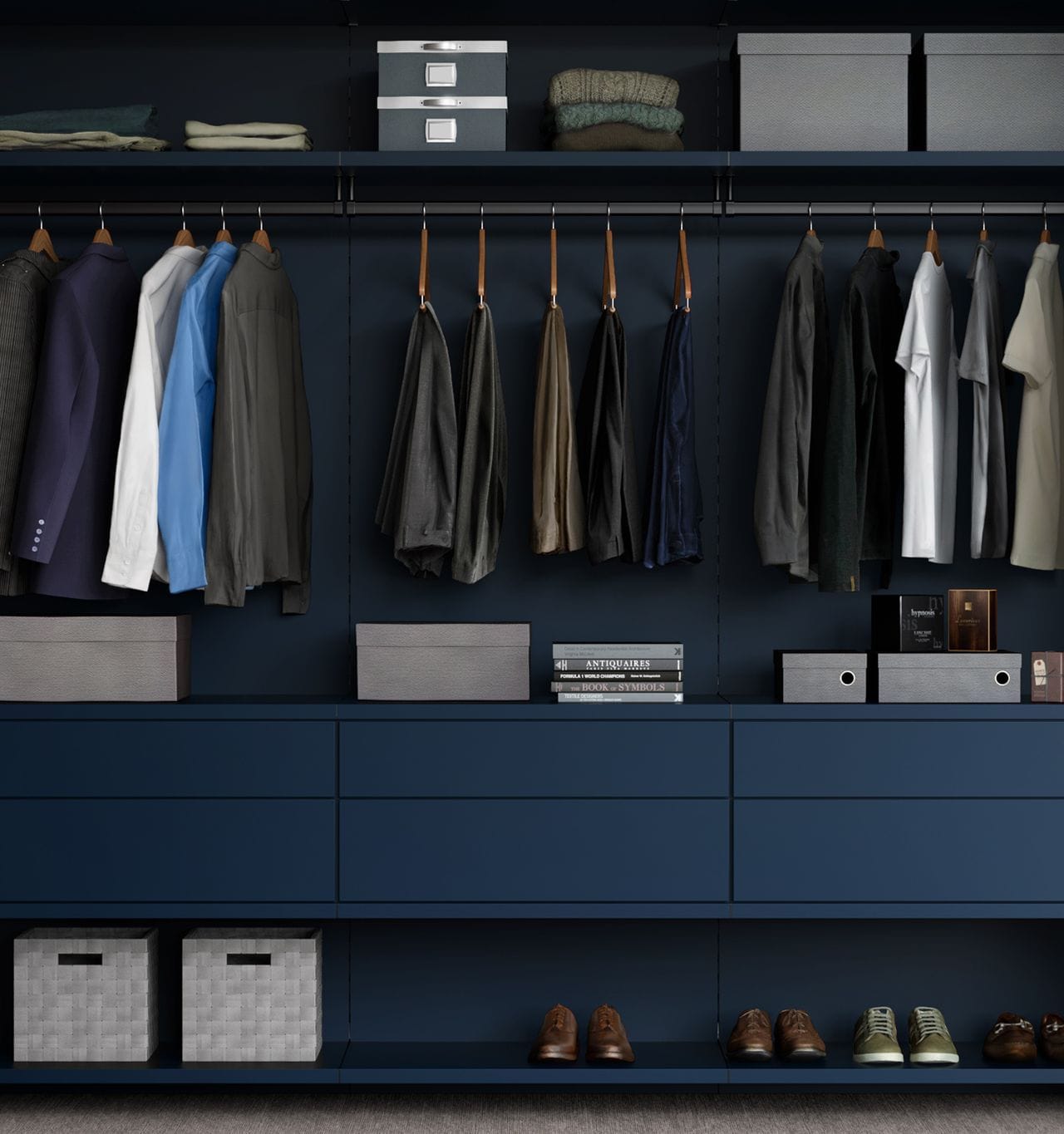 Reach in closet design drawers and open shelves in dark blue finish by California Closets