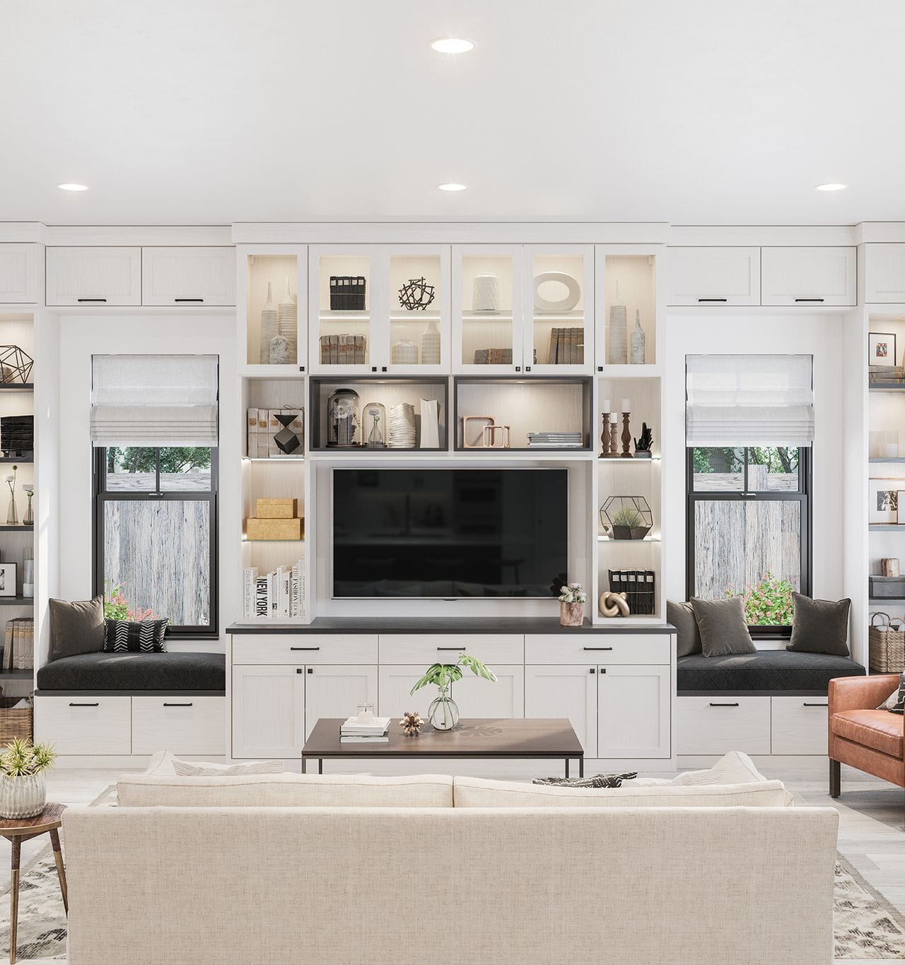 Built in entertainment center with cabinets, shelving and drawers for storage in a white wood grain finish by California Closets