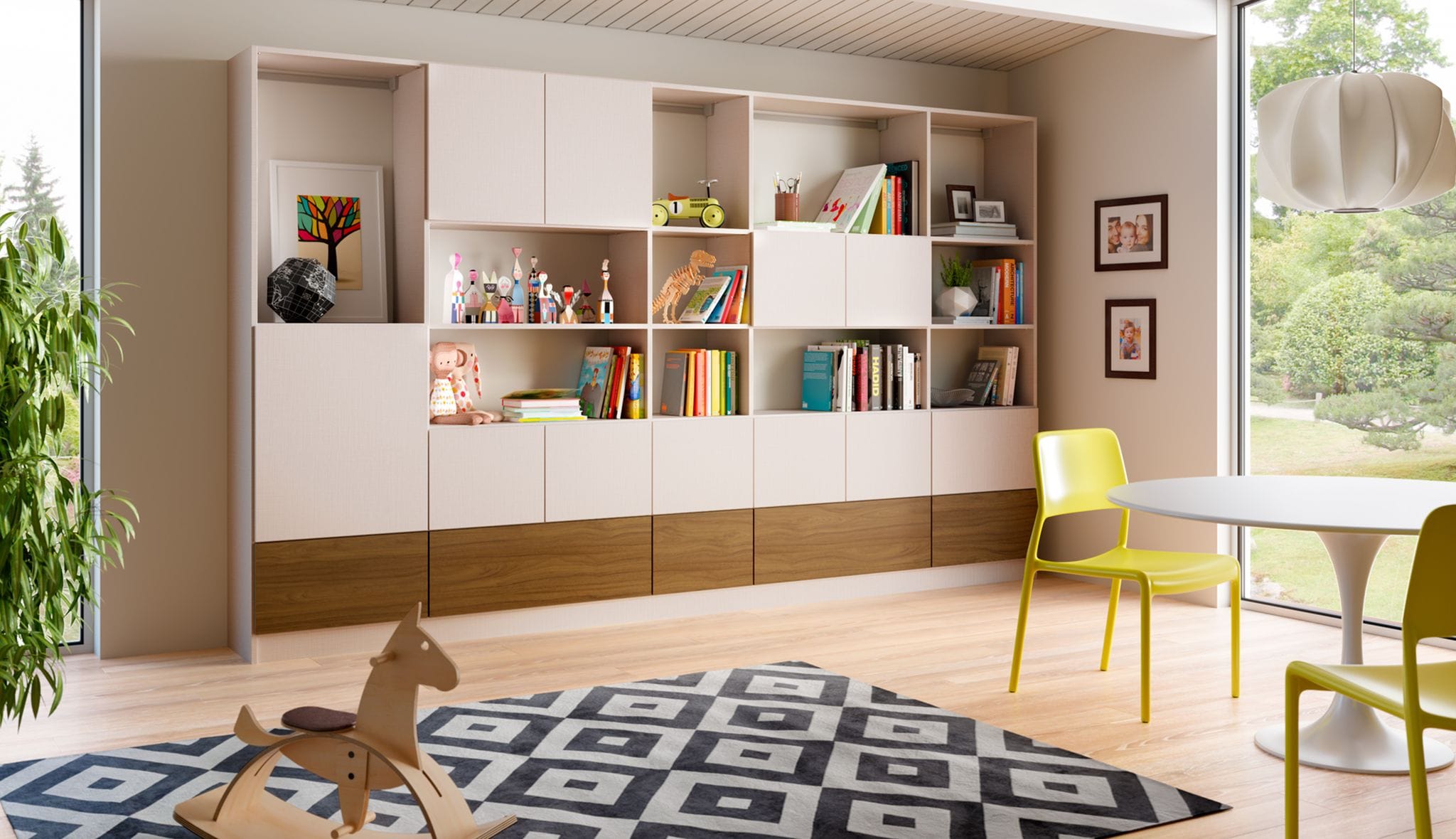 Updated children's room with extra cabinets to store toys and games by California Closets