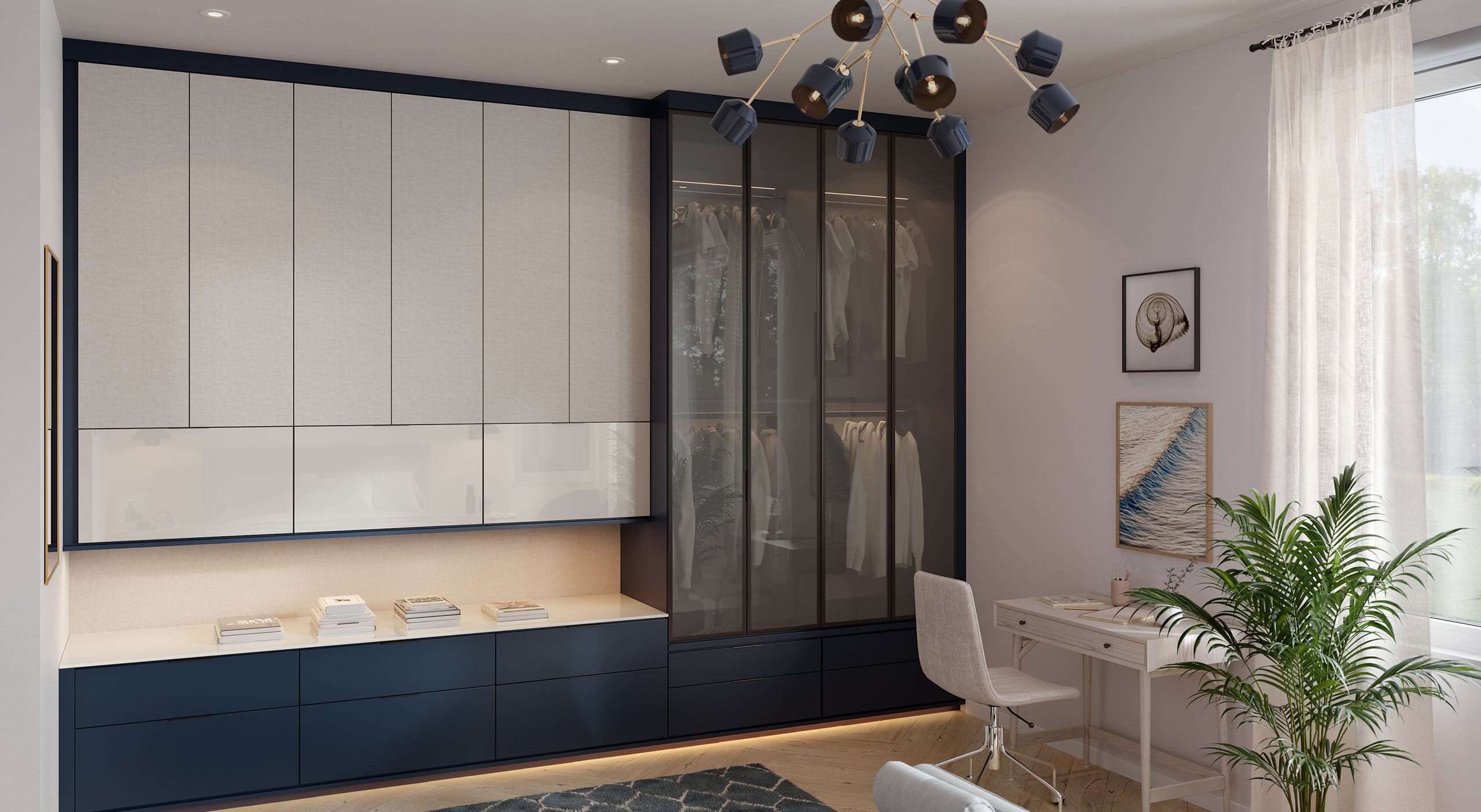 Wardrobe closet with additional storage designed in a navy blue matte finish, glass closet doors and pull out drawers.