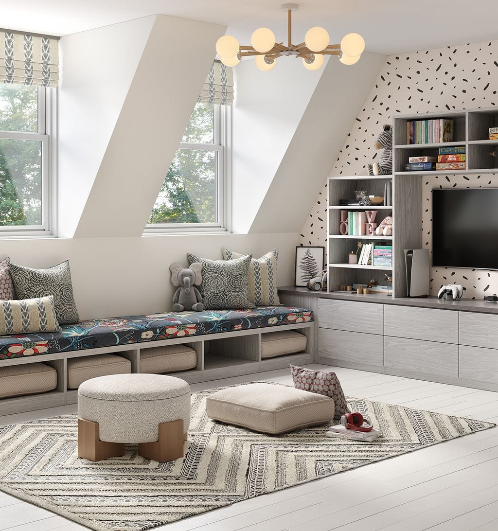 Kids playroom designed with media center, bench storage and library shelving by California Closets