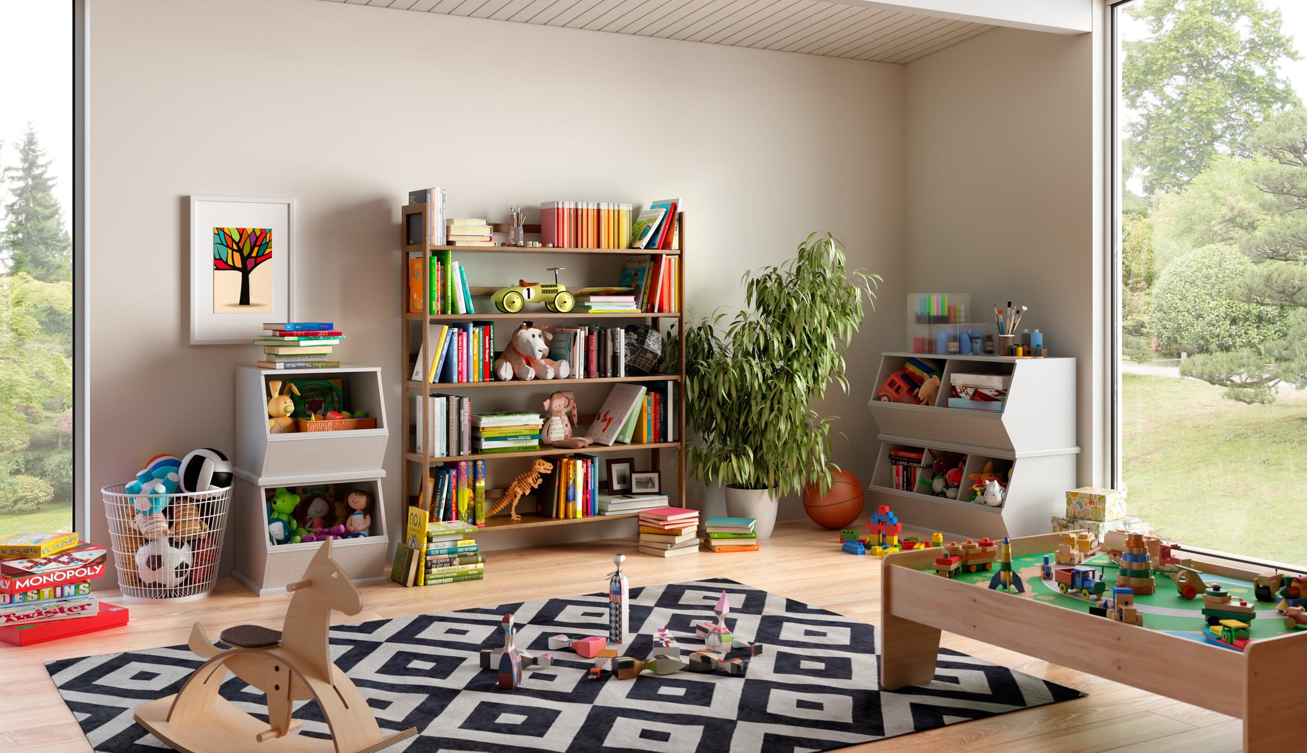 Playroom shown with no storage and clutter in need of a storage solution or system to be built by California Closets
